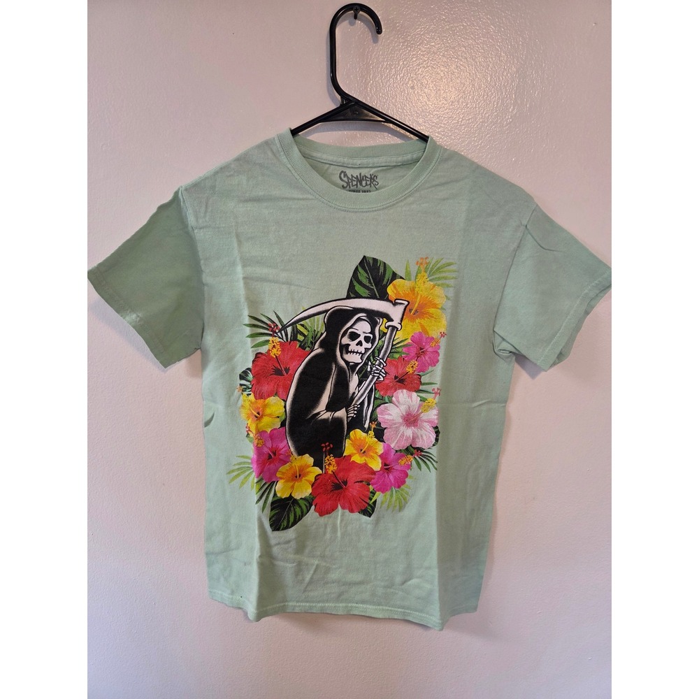 Spencers Grim Reaper Tropical Hibiscus Graphic Tee Mint Green Small